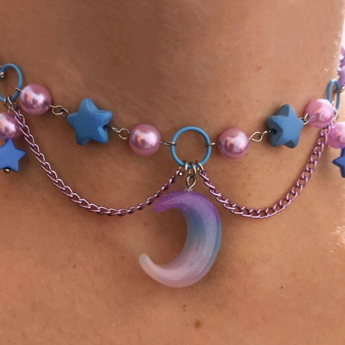 Choker Necklace Moon new handmade with star beads and lilac chain