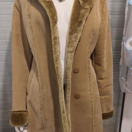 3/4 suede coat with faux fur lining and hood, warm, unworn