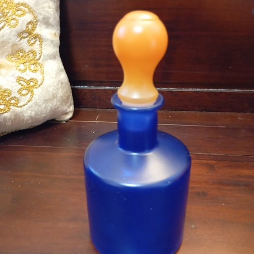 Vintage frosted glass set with blue and orange bottle and martini bowl like new