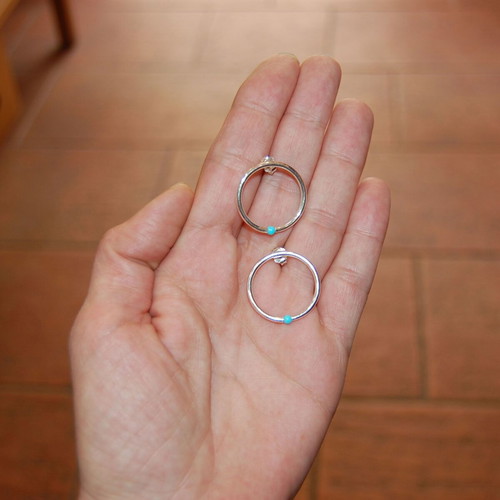 Silver earrings hoops with turquoise and coral stones, new