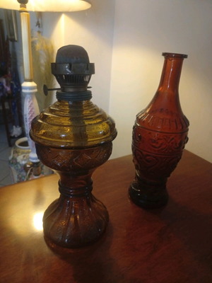 Oil lamp and bottle set used 1940, amber glass with engraving