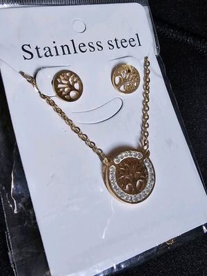 Tree of Life necklace and earrings set gold color, stainless steel new