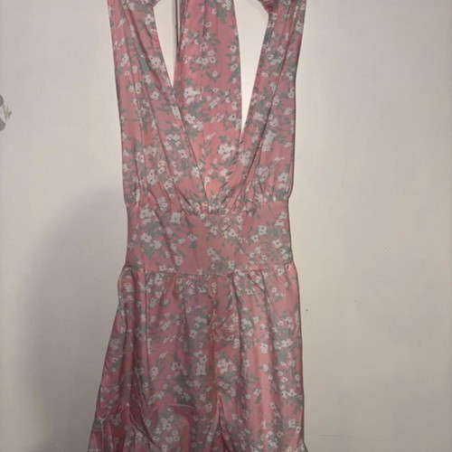 Fullah Sugah summer jumpsuit with open back, pink and white