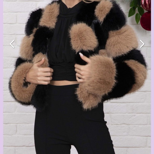 Eco fur jacket Small, new, black and beige checkered