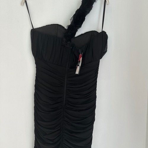 Rare London black evening dress with rose shoulder, size L