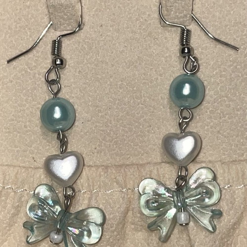 Handmade silver earrings with turquoise bows and white hearts, new