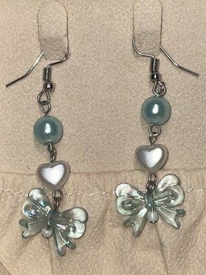 Handmade silver earrings with turquoise bows and white hearts, new
