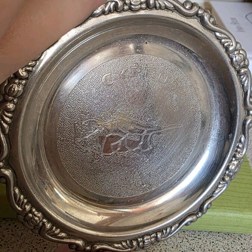 Silver vintage coaster set used, 5 pieces with Cyprus map engraving