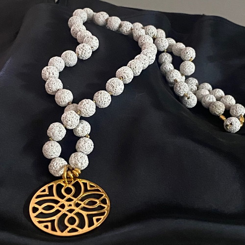 Handmade necklace with lava semi-precious stones and steel motif gray and gold