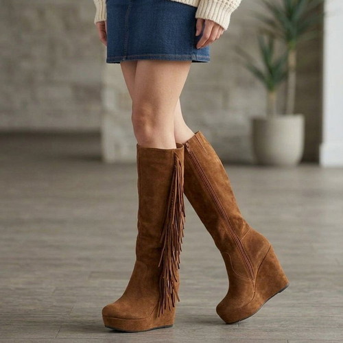 Platform suede boots with fringes used, size 40, beige brown