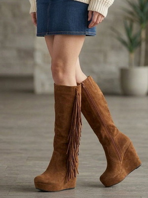 Platform suede boots with fringes used, size 40, beige brown