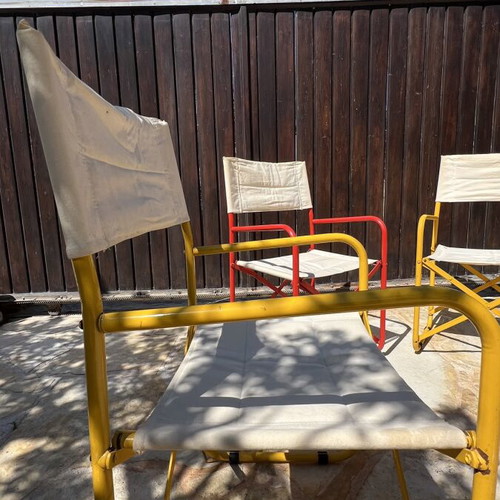 Set of 4 folding canvas chairs, metal frame, yellow and red