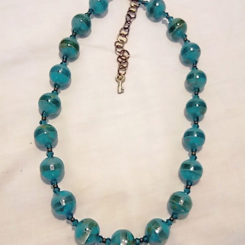 Boho Summer Choker Necklace with Large Striped Turquoise Glass Beads 44cm + 7cm