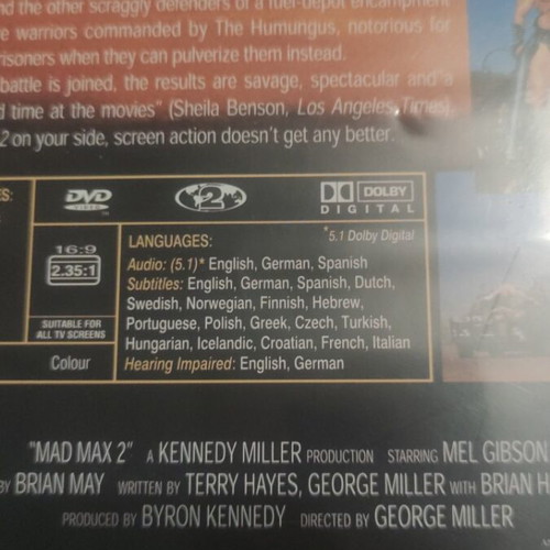 Mad Max 2 DVD used, foreign cinema, Mel Gibson, Greek subtitles