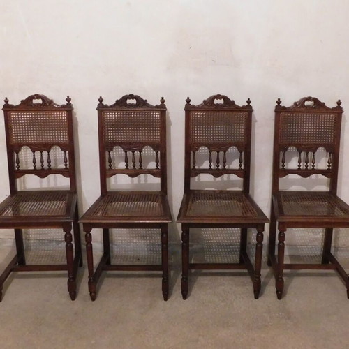 Wood-carved wicker chairs used, set of four, French made