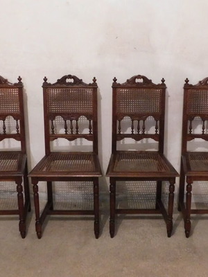 Wood-carved wicker chairs used, set of four, French made