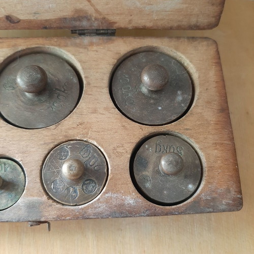 Wooden box with brass weights used, 1950s-60s vintage