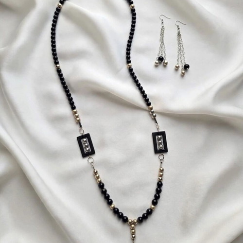 Handmade black beaded long necklace and earrings set