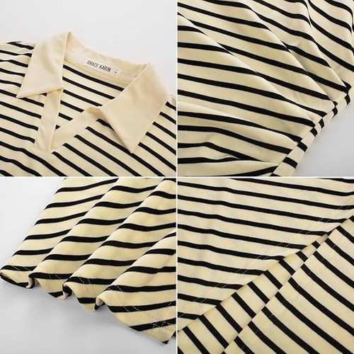 Grace Karin women's striped midi dress with slit and short sleeves, L