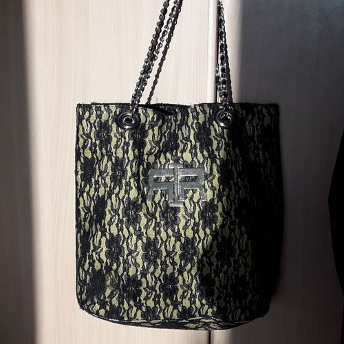 River Island shoulder bag large yellow with black lace like new