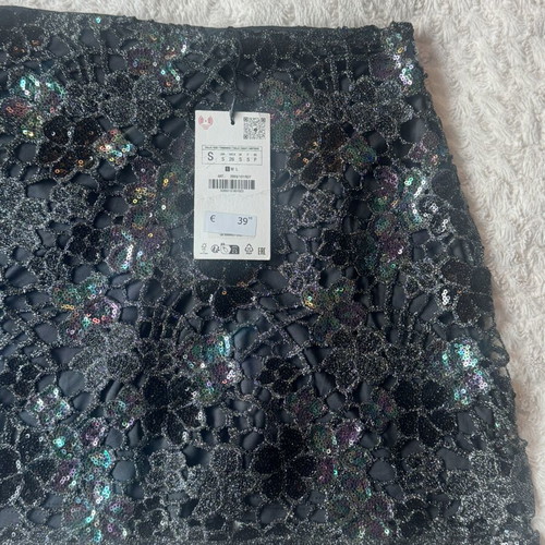 Zara Anthracite Grey Sequin Knit Mini Skirt Size S New