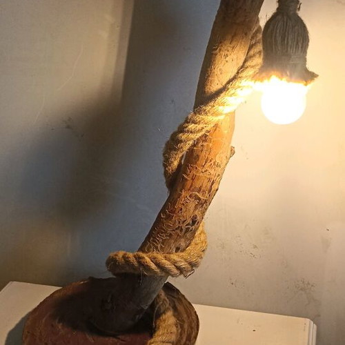Handmade lamp with cement base and pine wood