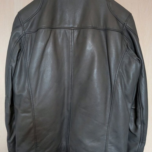 Navy & Green leather men's jacket with detachable hood, like new, medium