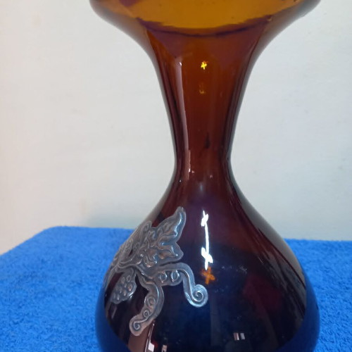 Bordeaux Glass Carafe handmade, used with silver floral design