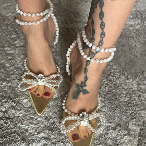 Pearl-embellished pumps new, size 39-39.5, white and beige