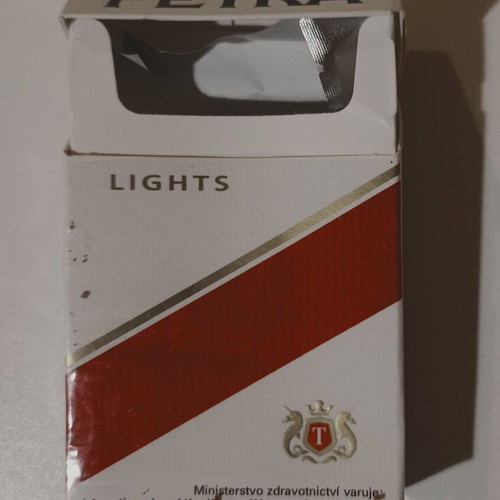 Petra Lights cigarette pack used, empty, hard case
