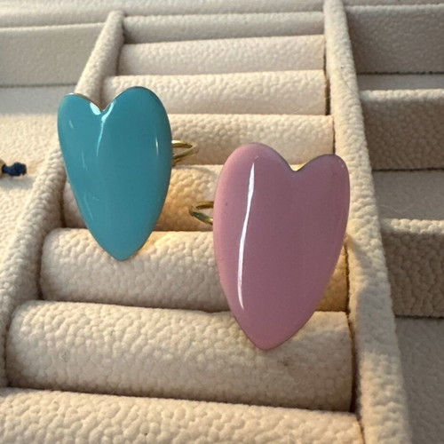 Enamel Heart Rings in Pink and Turquoise, Like New