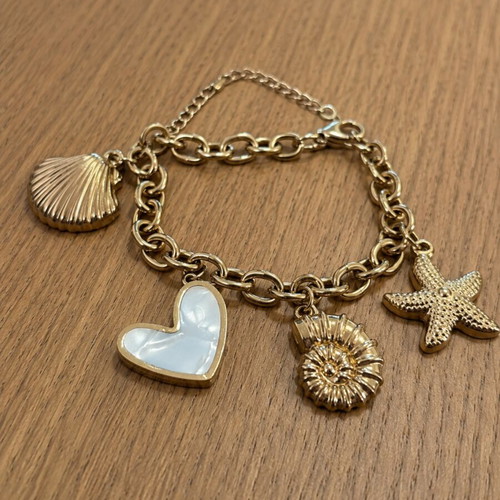 Charm bracelet sea theme gold color with heart mother-of-pearl starfish shell nautilus new