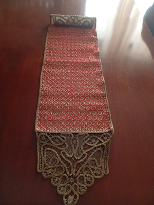 Table runner with counted embroidery, beads and handmade bronze lace