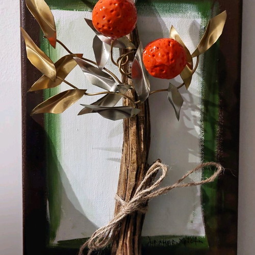 Handmade mixed media wall art with natural materials and metal leaves like new