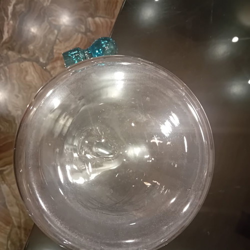 Glass carafe with turquoise spherical stopper, used