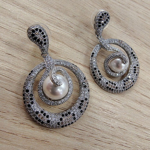 Pearl and zircon earrings, silver plated