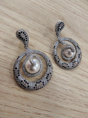 Pearl and zircon earrings, silver plated
