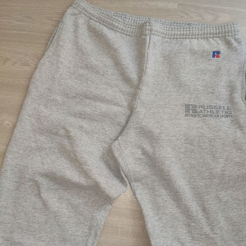 Russell Athletic men's light grey sweatpants with embroidered logo, size M-L
