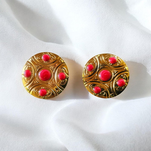 Steel earrings new, red and gold boho style