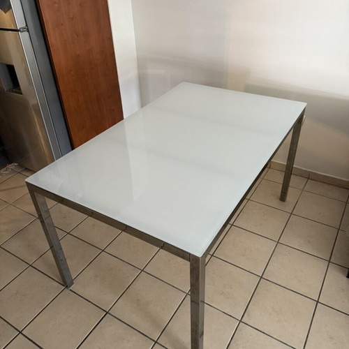 Glass dining table and chair set used, metal frame, white chairs