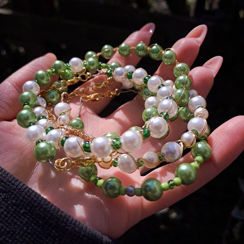 Fairycore bracelet set with green beads and pearls new