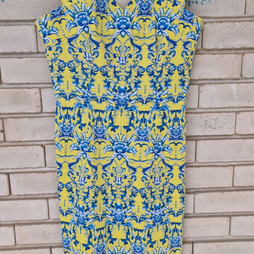 Fitted mini dress size S yellow and blue, like new, 100% cotton