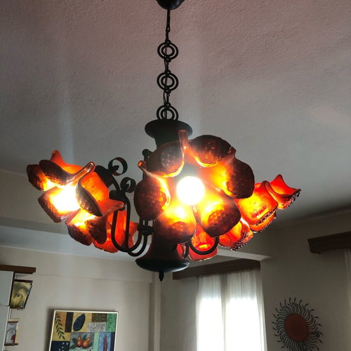 Vintage ceiling light used, metal and glass