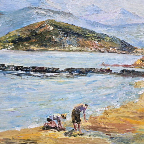 Seaside scene painting on wood, impressionist style, like new