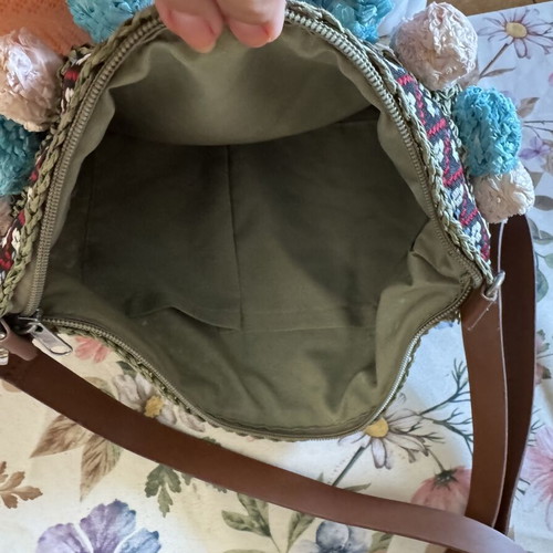 Handmade shoulder bag like new, green khaki with fabric pom-poms