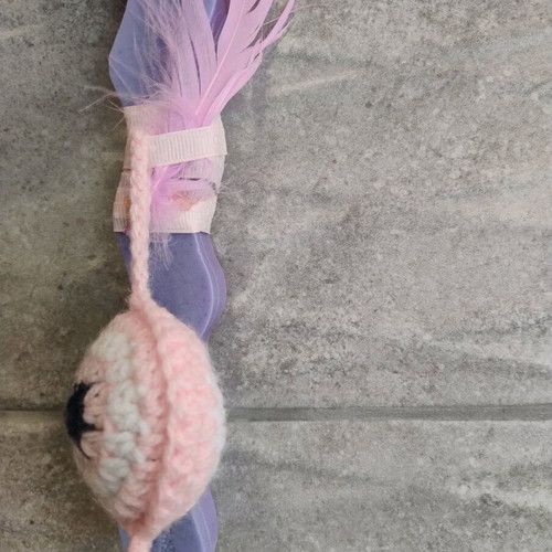 Handmade zig zag Easter candle with knitted eye and pink feather new
