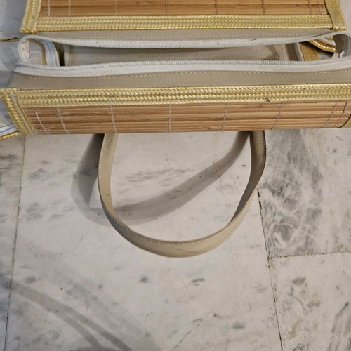 Soft wooden handbag with fabric beige like new