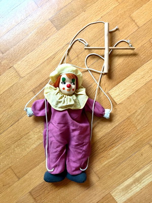 Vintage clown marionette with porcelain head and wooden control cross, like new