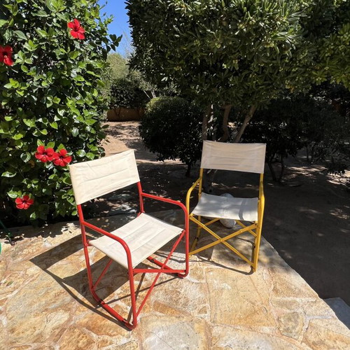 Set of 4 folding canvas chairs, metal frame, yellow and red