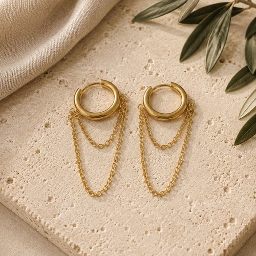 Chain earrings with double gold hoops stainless steel new